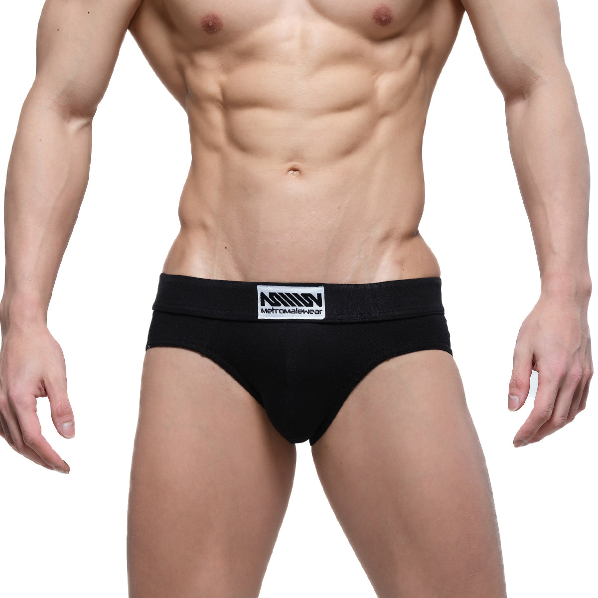 Black men’s briefs with a white logo patch on the waistband from metromalewear deseo brief pearl 5503-22 collection