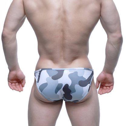 Gray and white camouflage-patterned men’s briefs metro male wear vacas bikini in soft breathable fabric
