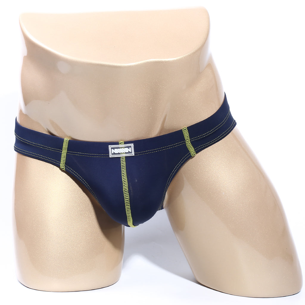 Nixon metroMalewear NUCLEO bikini briefs navy blue with lime green stitching and white logo patch front view