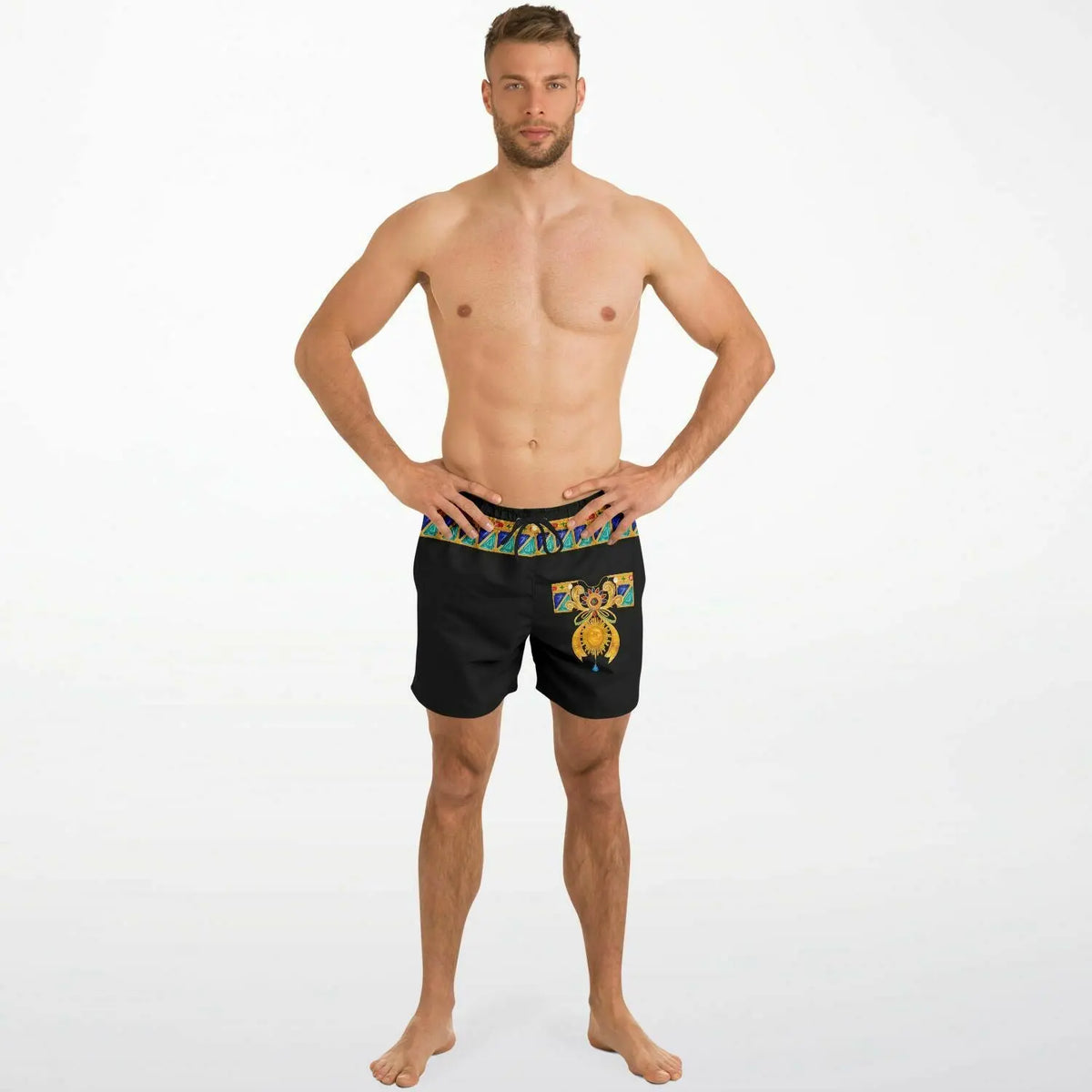 Men's black swim shorts with colorful bejeweled waistband featuring a graphic design by Maris Equi.