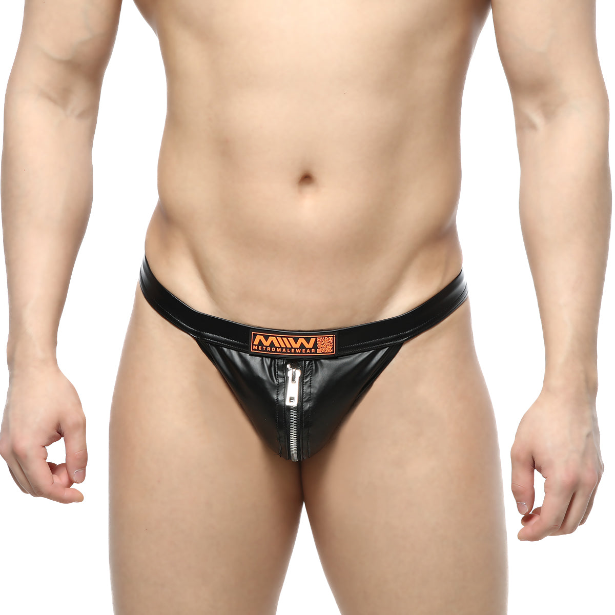 Black patent leather thong with central zipper and orange mw logo patch from metromalewear toxine 5902-20