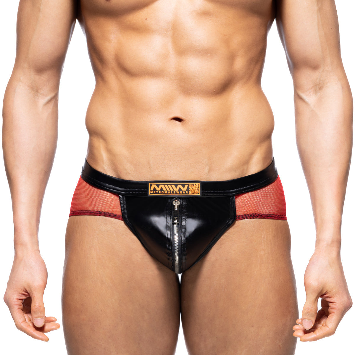 Black and red mesh briefs with shiny zipper front and miw brand logo on waistband metro malewear toxine brief 5903-20