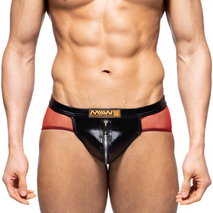 Black and red mesh briefs with shiny zipper front and miw brand logo on waistband metro malewear toxine brief 5903-20