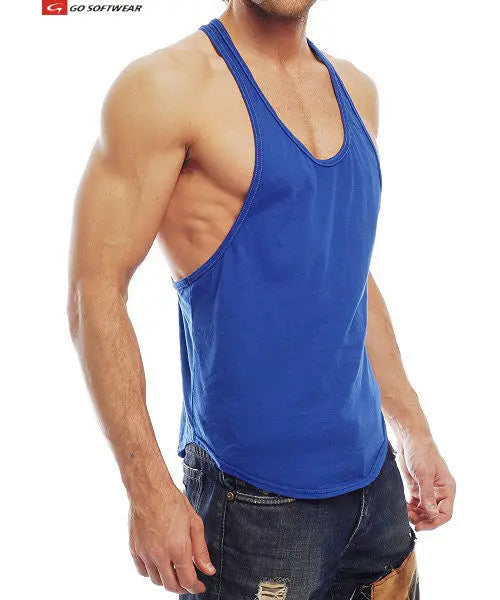 Men's muscle tank in cadet blue by Go Softwear featuring a sleeveless design and a relaxed fit worn by a model with a muscular build