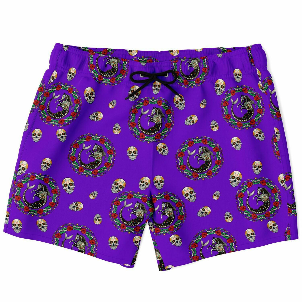 Purple swim shorts with a Day of the Dead skull pattern featuring a drawstring waist by Maris Equi.