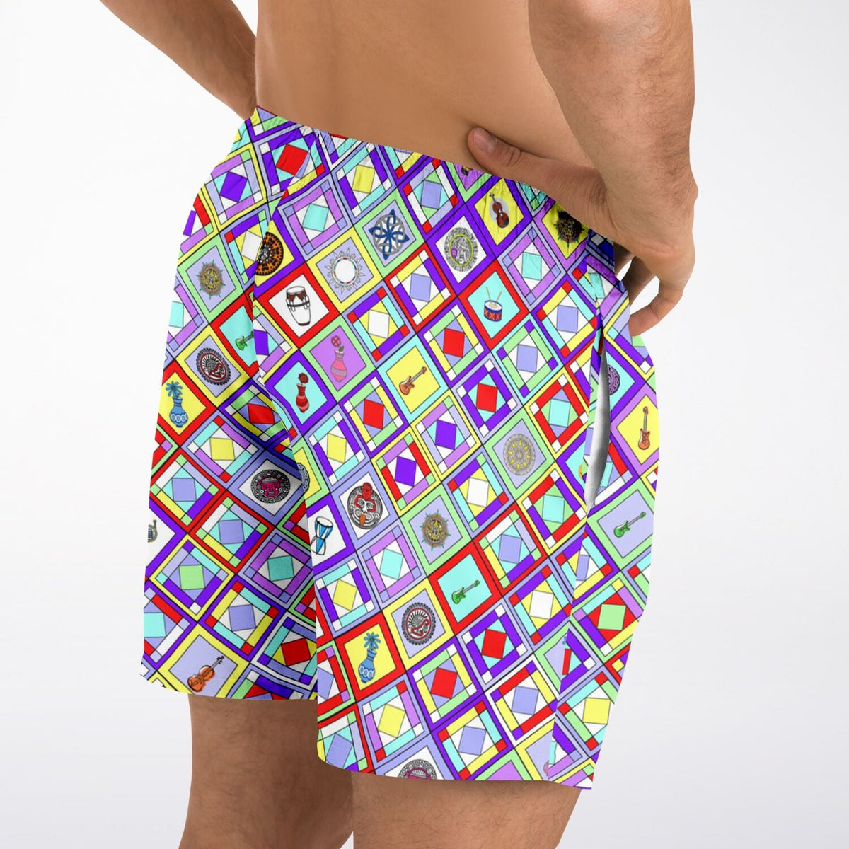 Maris Equi Retro Mod Geometric Diamond Print Swim Trunks for Men