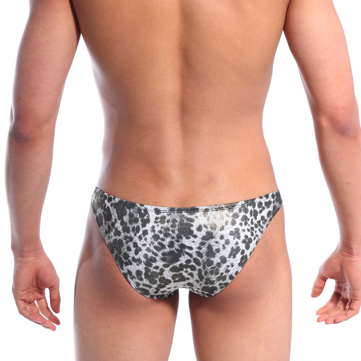 Black and white leopard print metallic silver bikini swim trunks from metromalewear designed for men