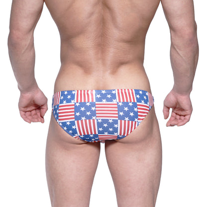 MetroMaleWear USA hip bikini swim trunks in red white and blue patchwork design for beach and pool use