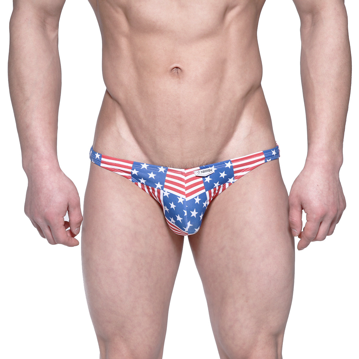 MetroMaleWear USA hip bikini briefs in red white and blue with American flag star and stripe pattern