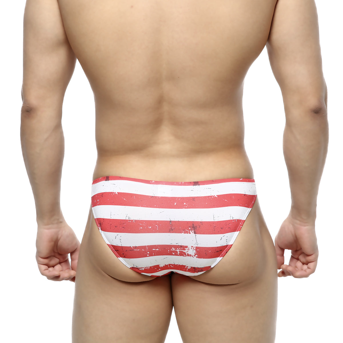 Red and white striped swim trunks with distressed vintage look by MetroMaleWear Batalla Hip Bikini 6003-95