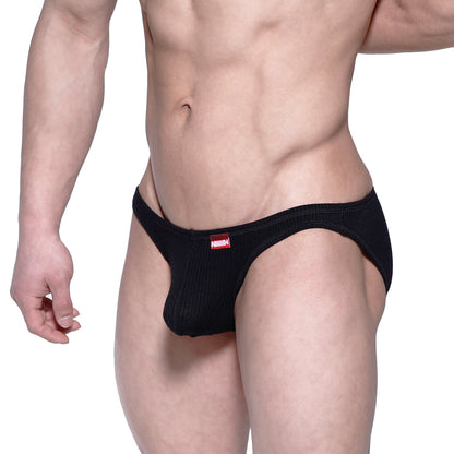 Black ribbed mens briefs with a red brand tag metroMalewear Rivera bikini black 6006-20