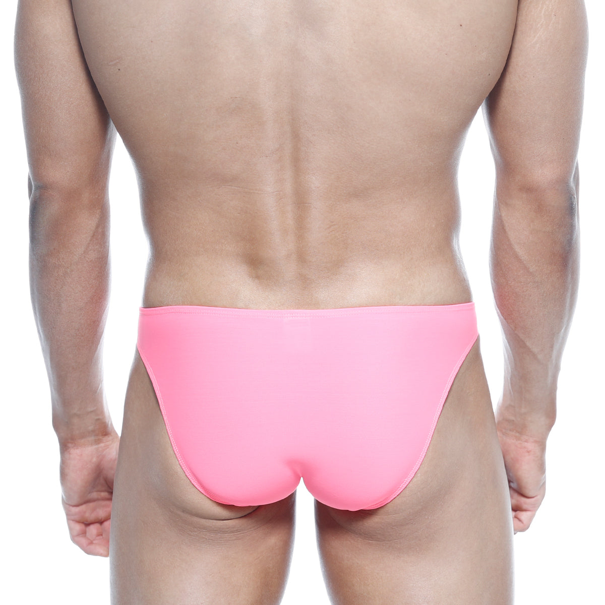 Bright pink sleek form-fitting swim trunks by MetroMaleWear designed for enhancing max bulge look in fuchsia color
