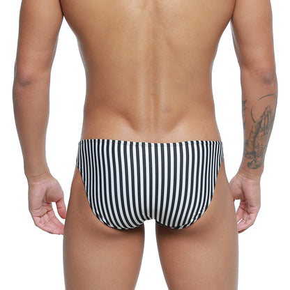 Black and white vertically striped metro male wear max bulge bikini swim trunks for men model 6007-40