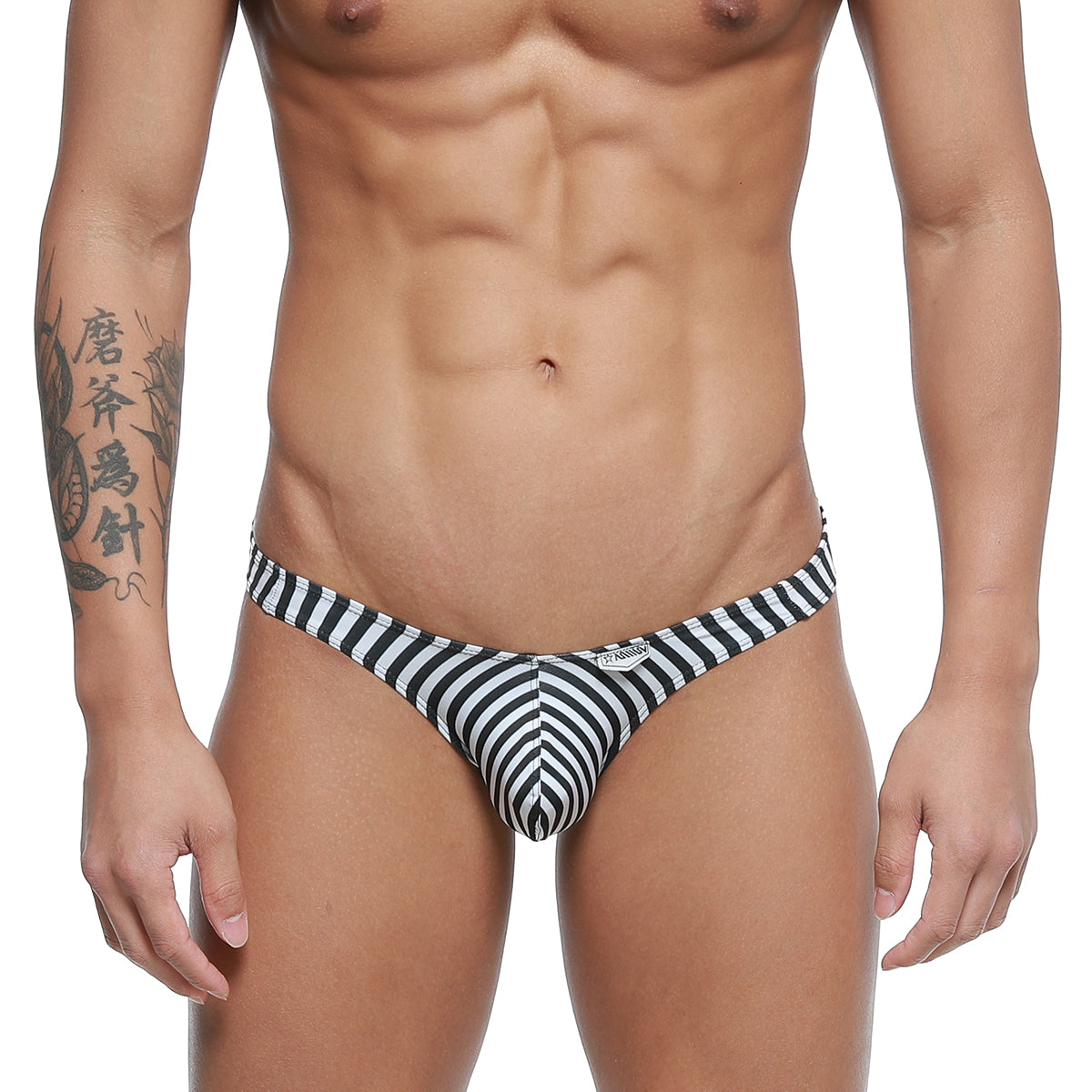 Black and white striped mens swim trunks with snug contoured design metro male wear max bulge bikini jail 6007-40