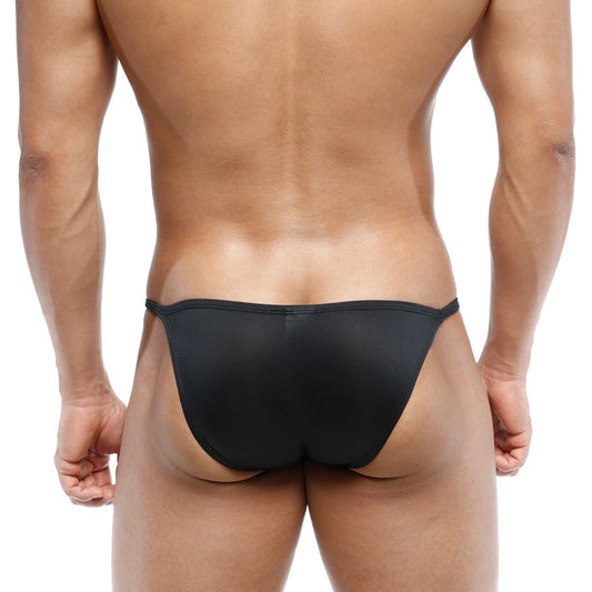 Black form-fitting thong bikini made of smooth stretchy fabric by MetroMaleWear model romantic bikini 6008-20 back view