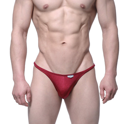 Red metallic-textured thong with small white MetroMaleWear brand tag at front from romantic bikini burgundy 6008-29 collection
