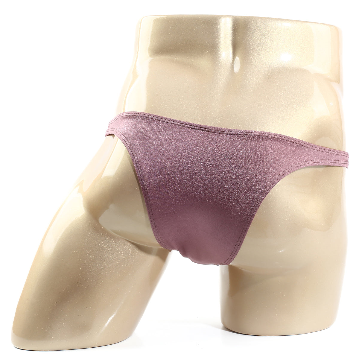 A shimmering mauve satin thong displayed on a mannequin from metromalewear monaco bikini lilac 6010-03 collection