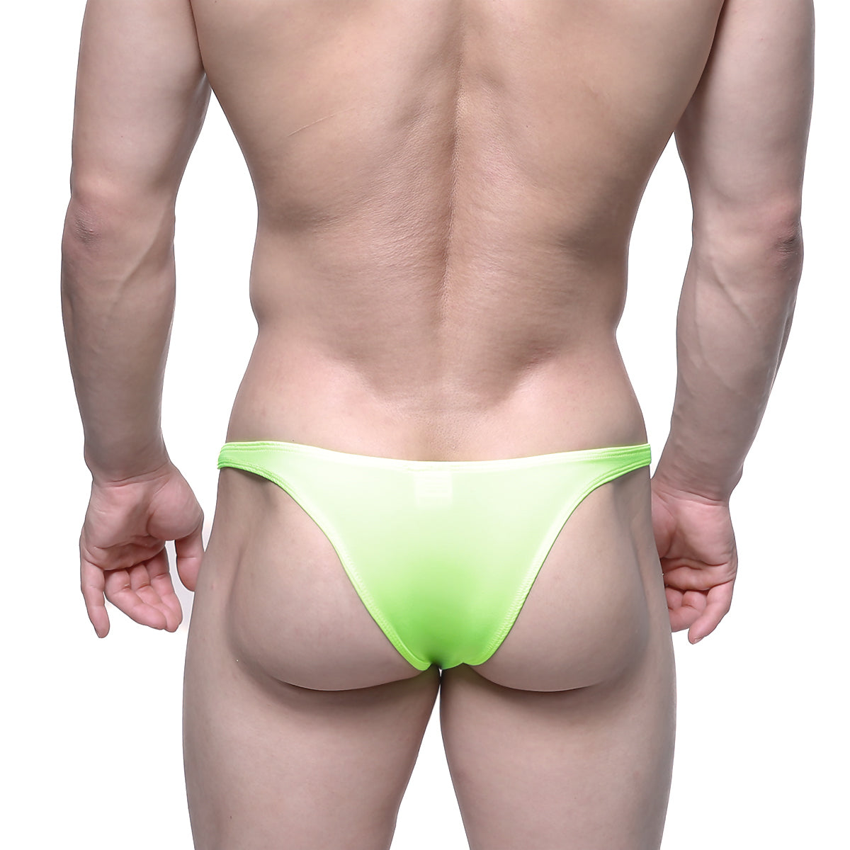 Bright neon green thong bikini by MetroMaleWear made of smooth shiny material for bold swimwear looks