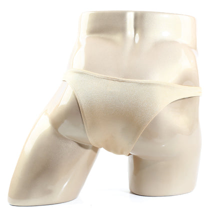 Beige satin thong mannequin display metro malewear monaco bikini gold 6010-21 front view product image