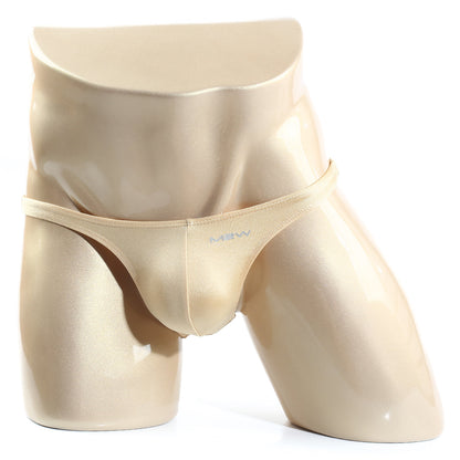 Beige satin MetroMaleWear Monaco bikini briefs with subtle mew logo on the front for stylish comfort