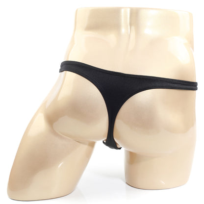 Black thong by metromalewear made of smooth stretchy fabric with a thin waistband and small back clip shown from the back