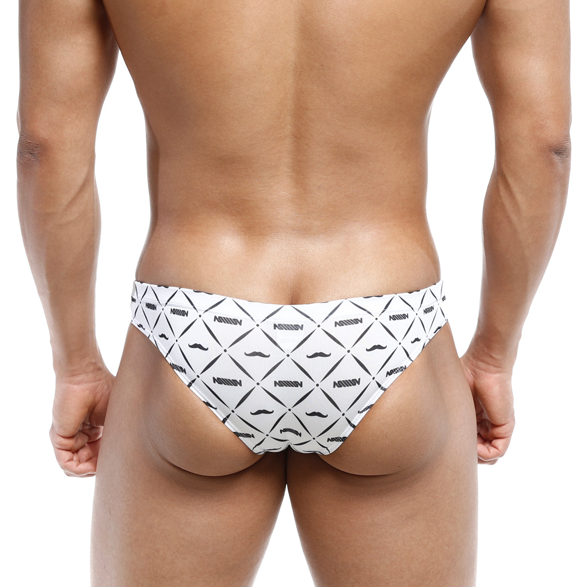 White swim trunks by nassim with bold black geometric mustache pattern from metroMalewear capri bikini caballero 6103-03