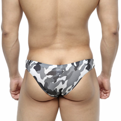 Metro male wear capri bikini swim trunks in gray and white camouflage pattern designed for casual beachwear