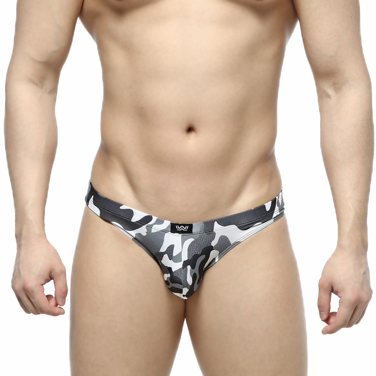 MetroMaleWear Capri Bikini army grey men’s briefs with black gray white camouflage pattern and snug fit