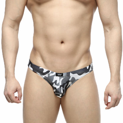 MetroMaleWear Capri Bikini army grey men’s briefs with black gray white camouflage pattern and snug fit