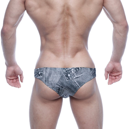 Denim-patterned swim trunks in faded blue-gray wash with stitched seams and button details metroMalewear capri bikini gray