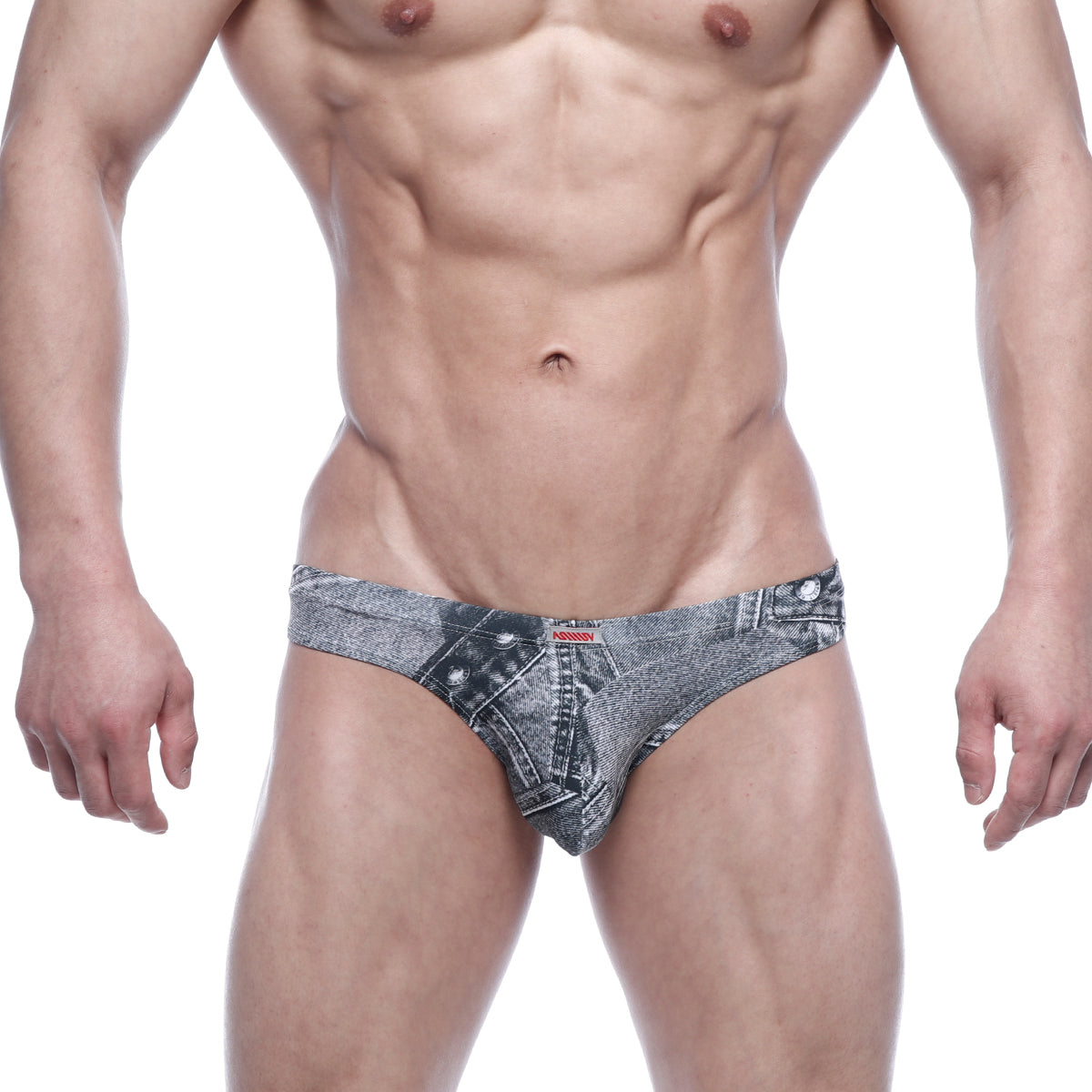 Metro male wear capri bikini denim gray 6103 44 faded gray wash denim patterned men’s briefs with stitched details and buttons