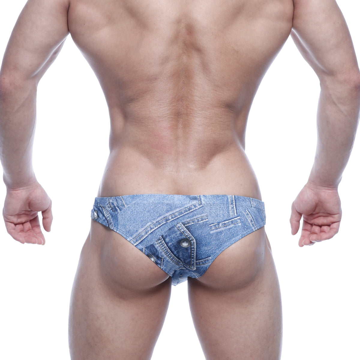 Blue denim-patterned metro male wear capri bikini briefs with faux pocket and button detail in denim blue