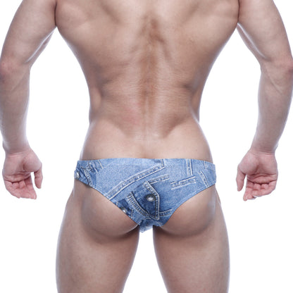 Blue denim-patterned metro male wear capri bikini briefs with faux pocket and button detail in denim blue