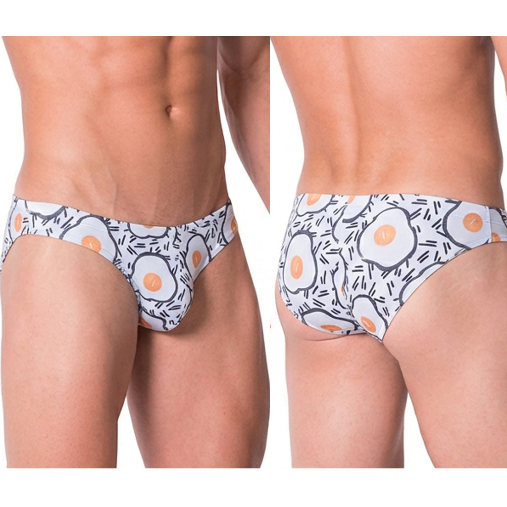 White briefs with playful fried egg pattern featuring black outlines and orange yolks metro male wear sunny side bikini