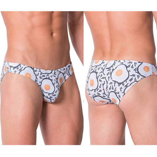 White briefs with playful fried egg pattern featuring black outlines and orange yolks metro male wear sunny side bikini