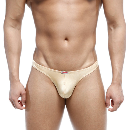 Beige metallic fabric briefs with a subtle sheen and red logo on waistband from MetroMaleWear bulge capri bikini gold 6104-21