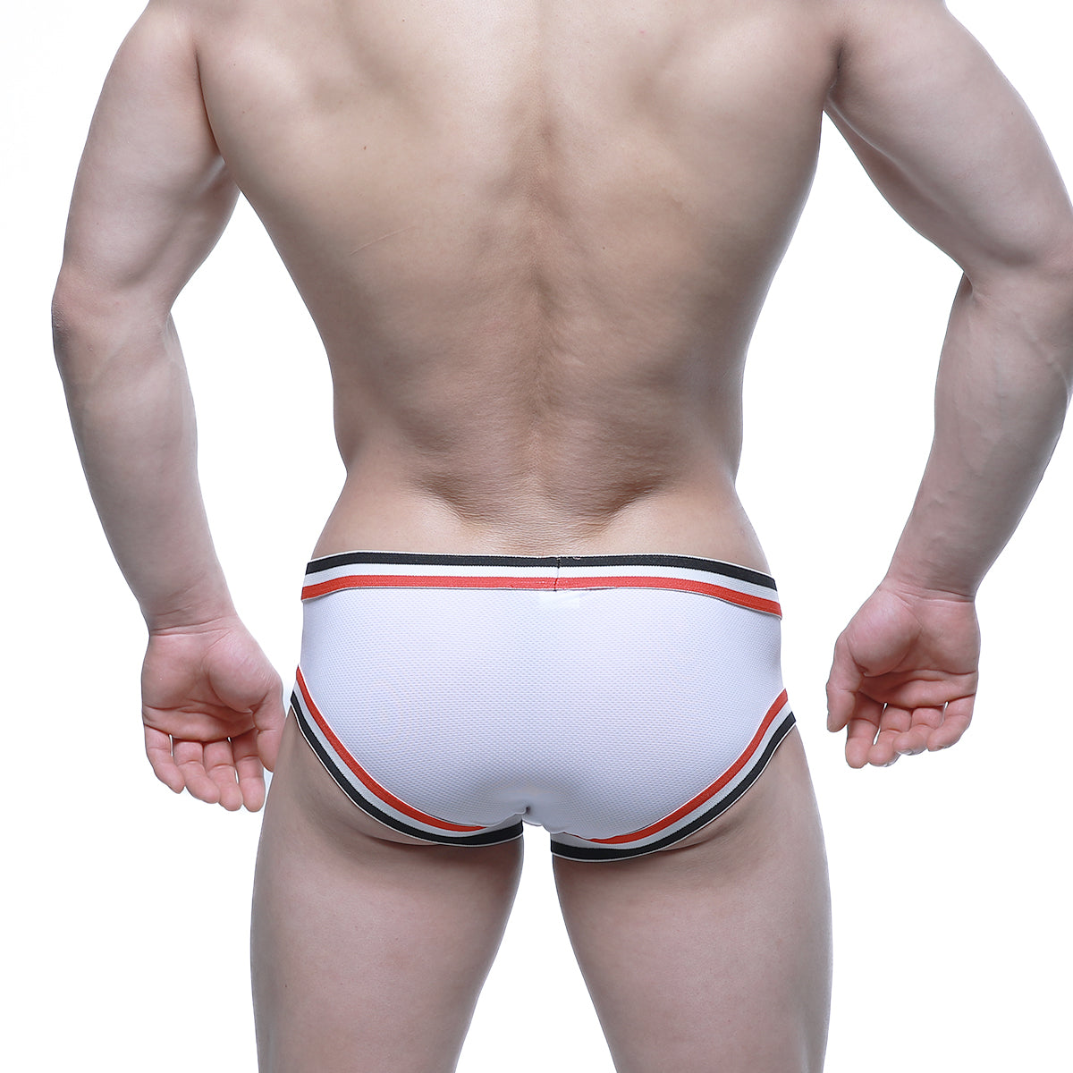 White athletic briefs with red and black striped trim from MetroMaleWear Cupid Bikini white 6105-01 collection