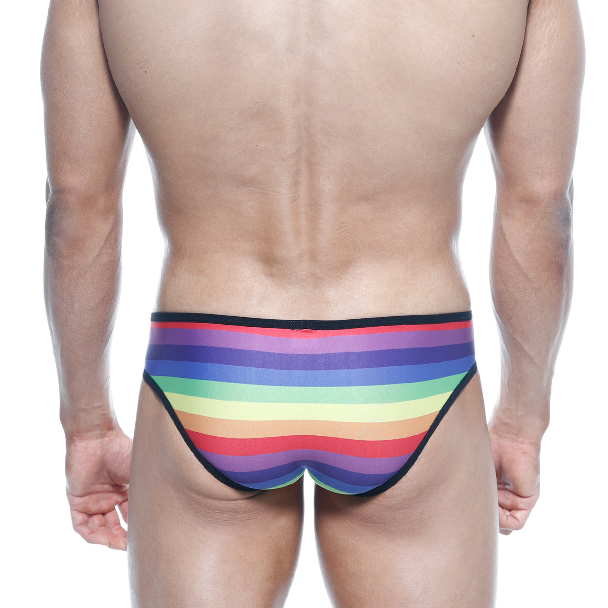MetroMaleWear rainbow bikini 6105-04 rainbow-striped men’s briefs with black trim made from soft stretch fabric