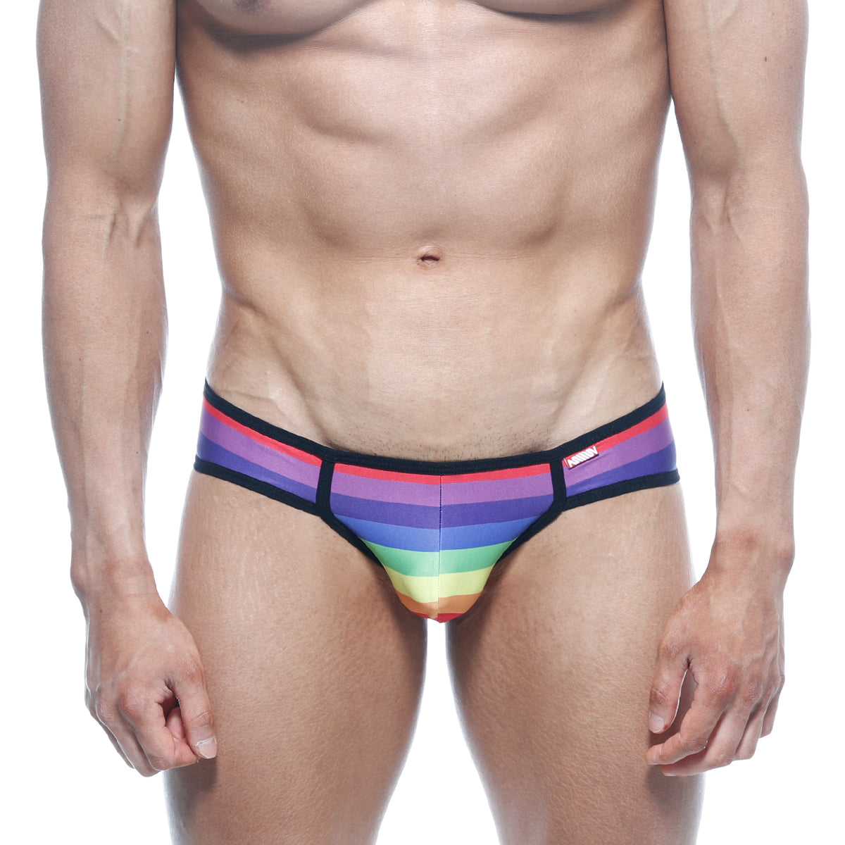 MetroMaleWear rainbow bikini 6105-04 rainbow striped men’s briefs with black trim and a small red brand tag