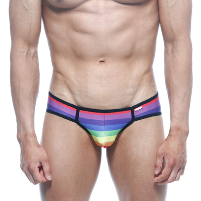 MetroMaleWear rainbow bikini 6105-04 rainbow striped men’s briefs with black trim and a small red brand tag