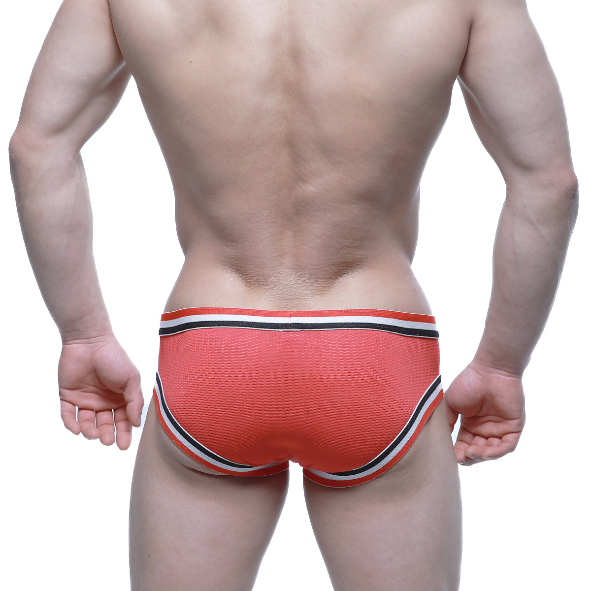 Orange textured briefs with black and white striped trim from MetroMaleWear Cupid Bikini Red 6105-12 product line