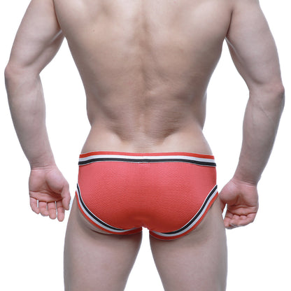 Orange textured briefs with black and white striped trim from MetroMaleWear Cupid Bikini Red 6105-12 product line