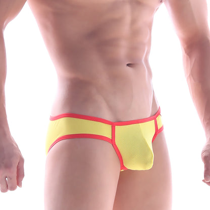 Bright yellow mesh briefs with bold red trim from metromalewear mesh bikini yellow 6105-15 collection