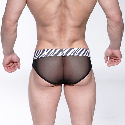 Black mesh briefs with a bold black and white zebra-striped waistband from MetroMaleWear Savage Bikini 6105-50