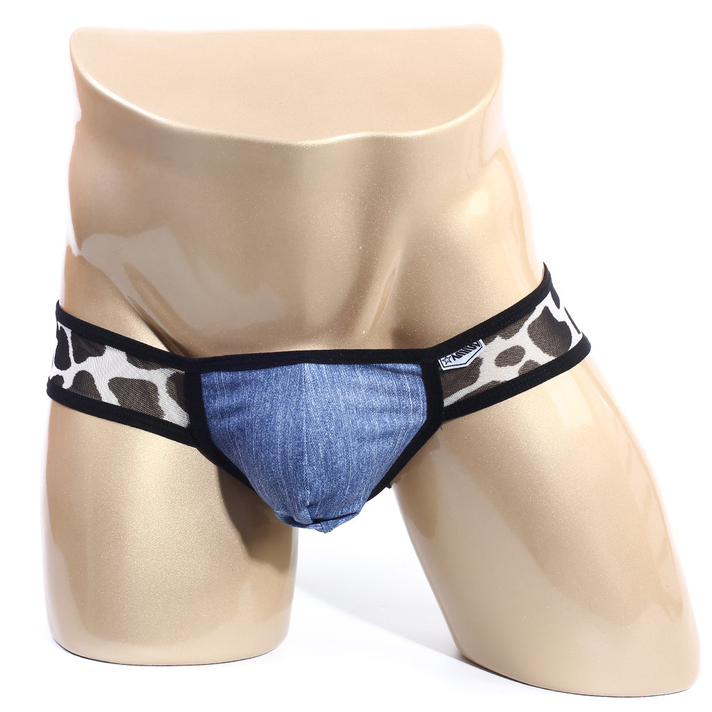 Blue denim mens briefs with black and white leopard print side panels metro male wear puppy bikini 6105-70