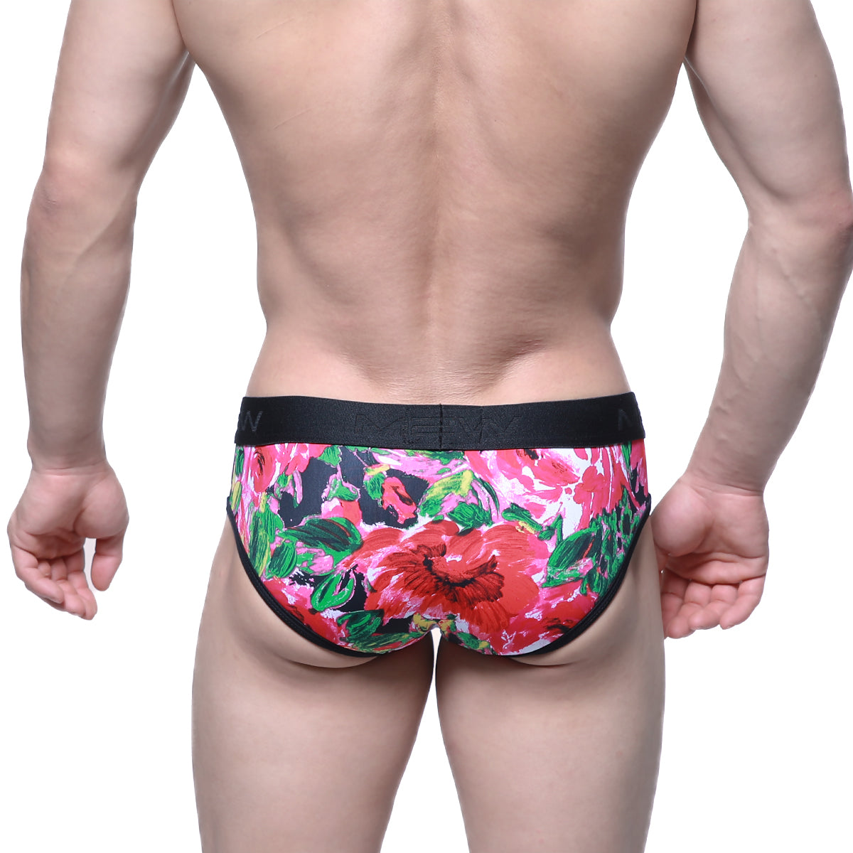 MetroMaleWear Queen Brief 6106-03 vibrant floral men’s briefs with bold red pink blossoms green leaves and black waistband