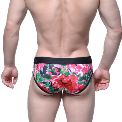MetroMaleWear Queen Brief 6106-03 vibrant floral men’s briefs with bold red pink blossoms green leaves and black waistband