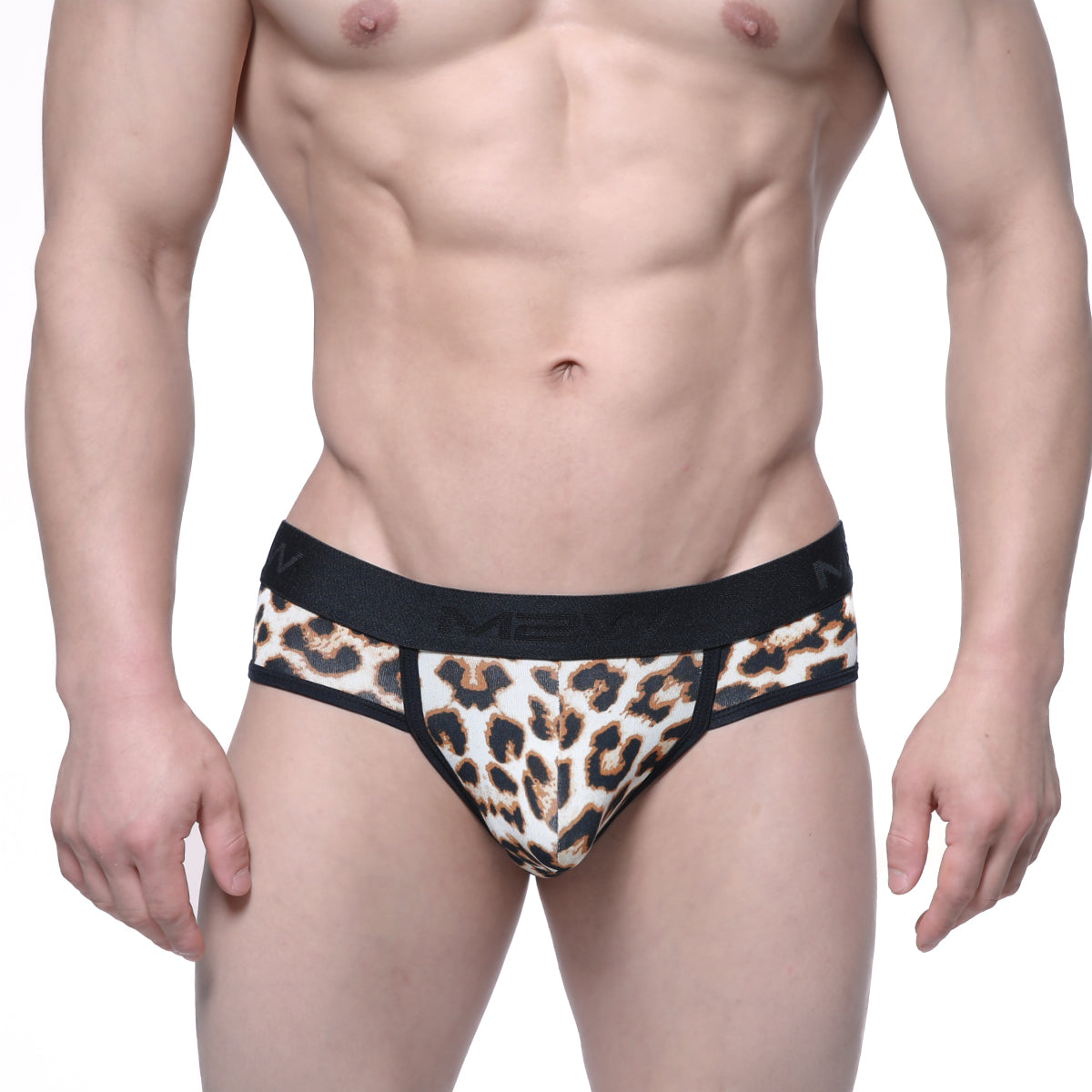 Leopard-print briefs with black elastic waistband and trim metroMalewear savage brief 6106-04 front view