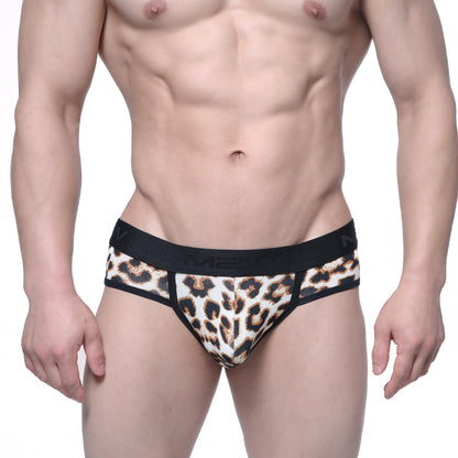 Leopard-print briefs with black elastic waistband and trim metroMalewear savage brief 6106-04 front view