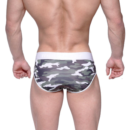 MetroMaleWear bright brief green camo gray and white camouflage briefs with solid white waistband front view